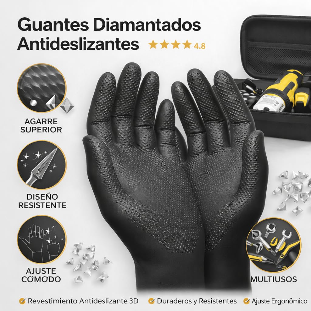 (Pack de 100) Guantes de Nitrilo Diamantados Negros Talla M (Sin Latex y de Doble Grosor) - Guante Para Mecánica - Nitrile Gloves - Guantes Nitrilo - Guantes Trabajo Hombre - Luvas Descartaveis