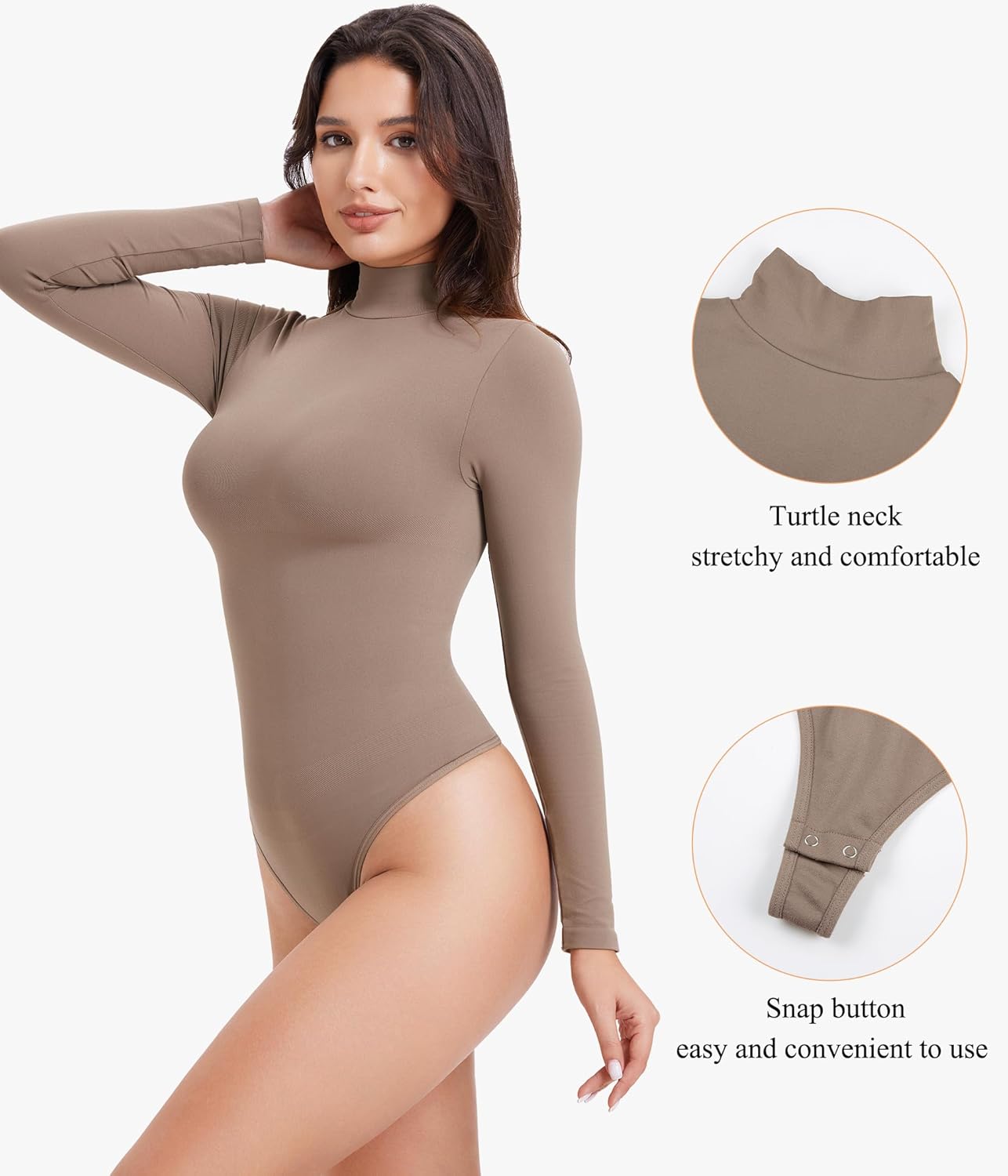 Irisnaya Women's Mock Turtleneck Long Sleeve Bodysuit Thong High Neck Body Suits Tops - Image 3