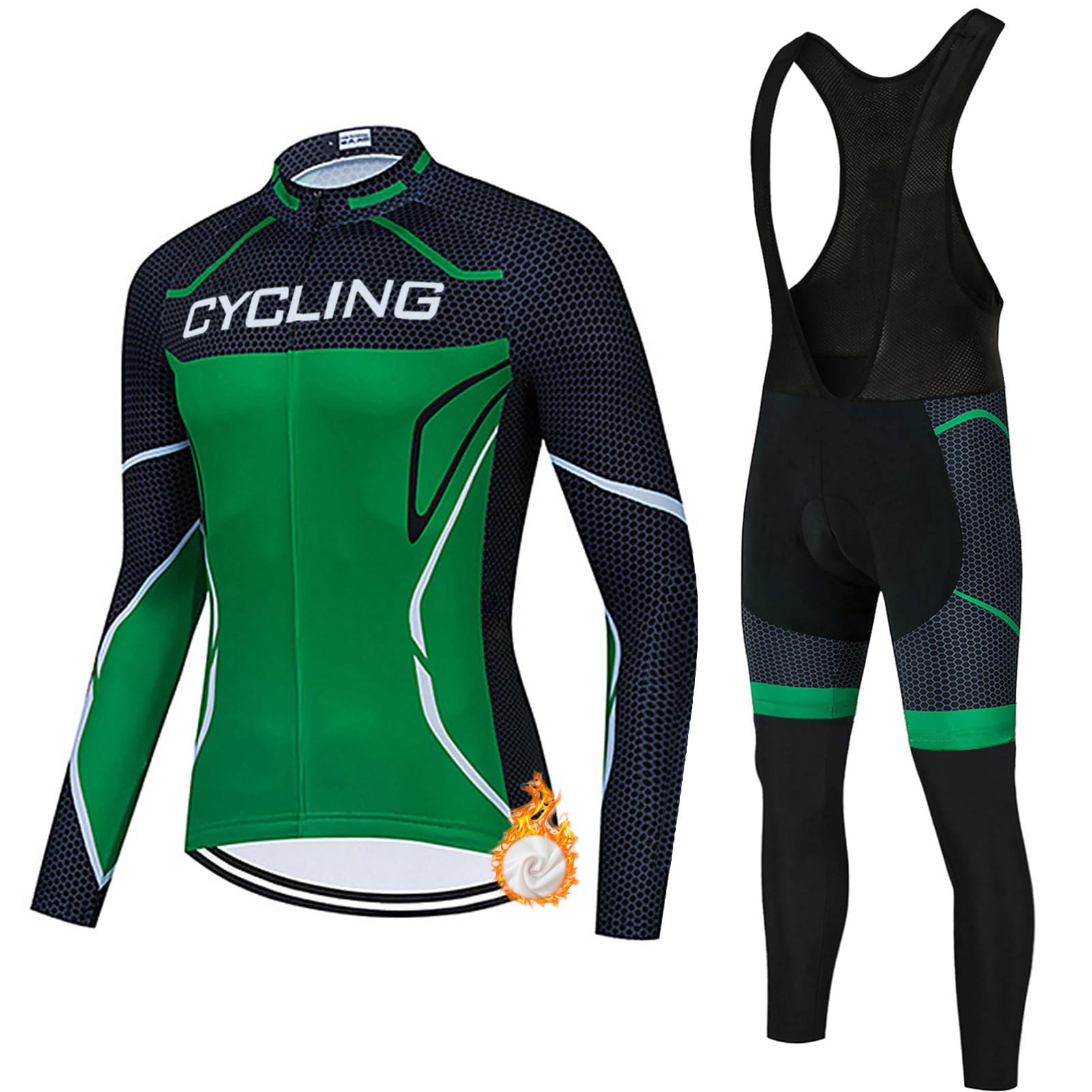 Ropa Ciclismo Hombre Conjunto Bici MTB Invierno Maillot Ciclista Polar Térmico,Traje Bicicleta Chaquetas Ciclo Manga Larga y Pantalones Tirantes con 19D Gel Acolchado,Completa BTT Jerseys Transpirable