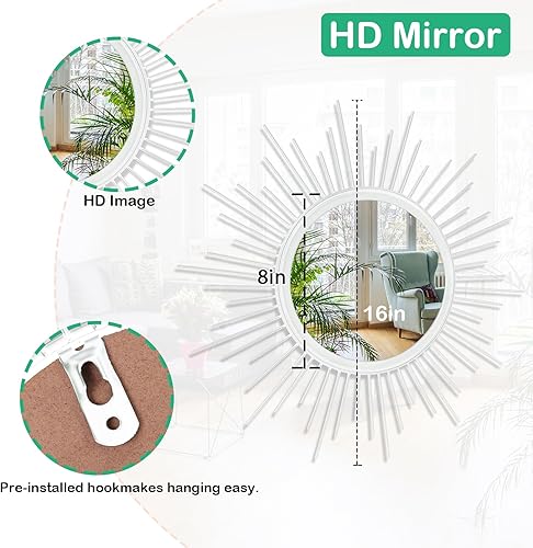 Miniatura 7 de HLFMVWE Espejo de pared Sunburst con radios para el hogar, espejo de arte de pared clásico de metal moderno, espejo colgante moderno, decoración de