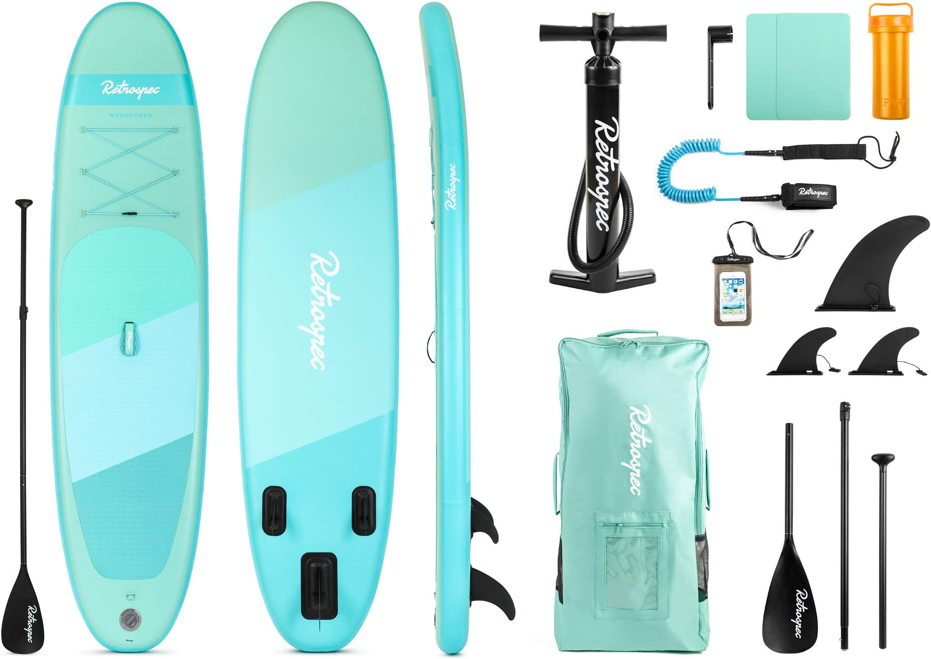 Retrospec Weekender 10' Inflatable Stand Up Paddleboard ISUP Bundle with Carrying Case, 3 Piece Adjustable Aluminum Paddle, 3 Removable Fins, Pump, and Cell Phone Case