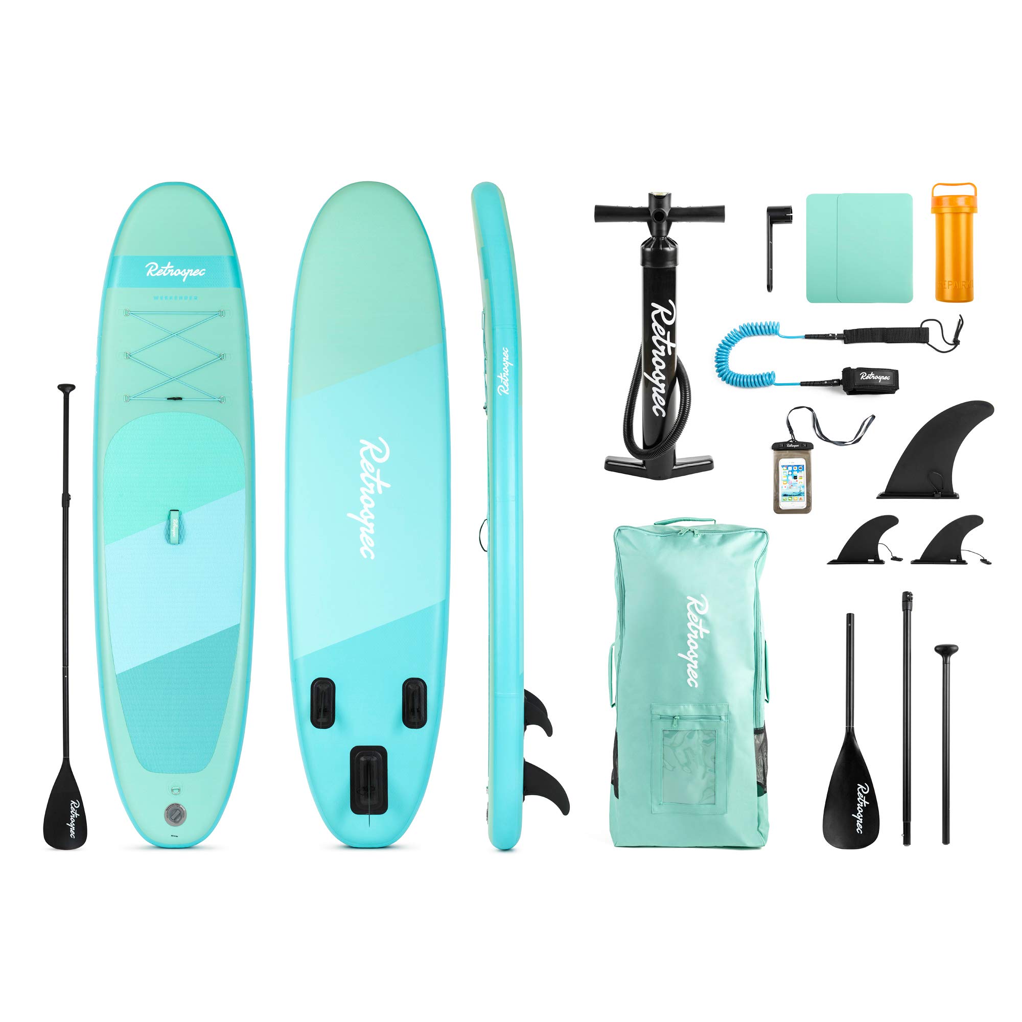 Retrospec Weekender 10' Inflatable Stand Up Paddleboard ISUP Bundle with Carrying Case, 3 Piece Adjustable Aluminum Paddle, 3 Removable Fins, Pump, and Cell Phone Case