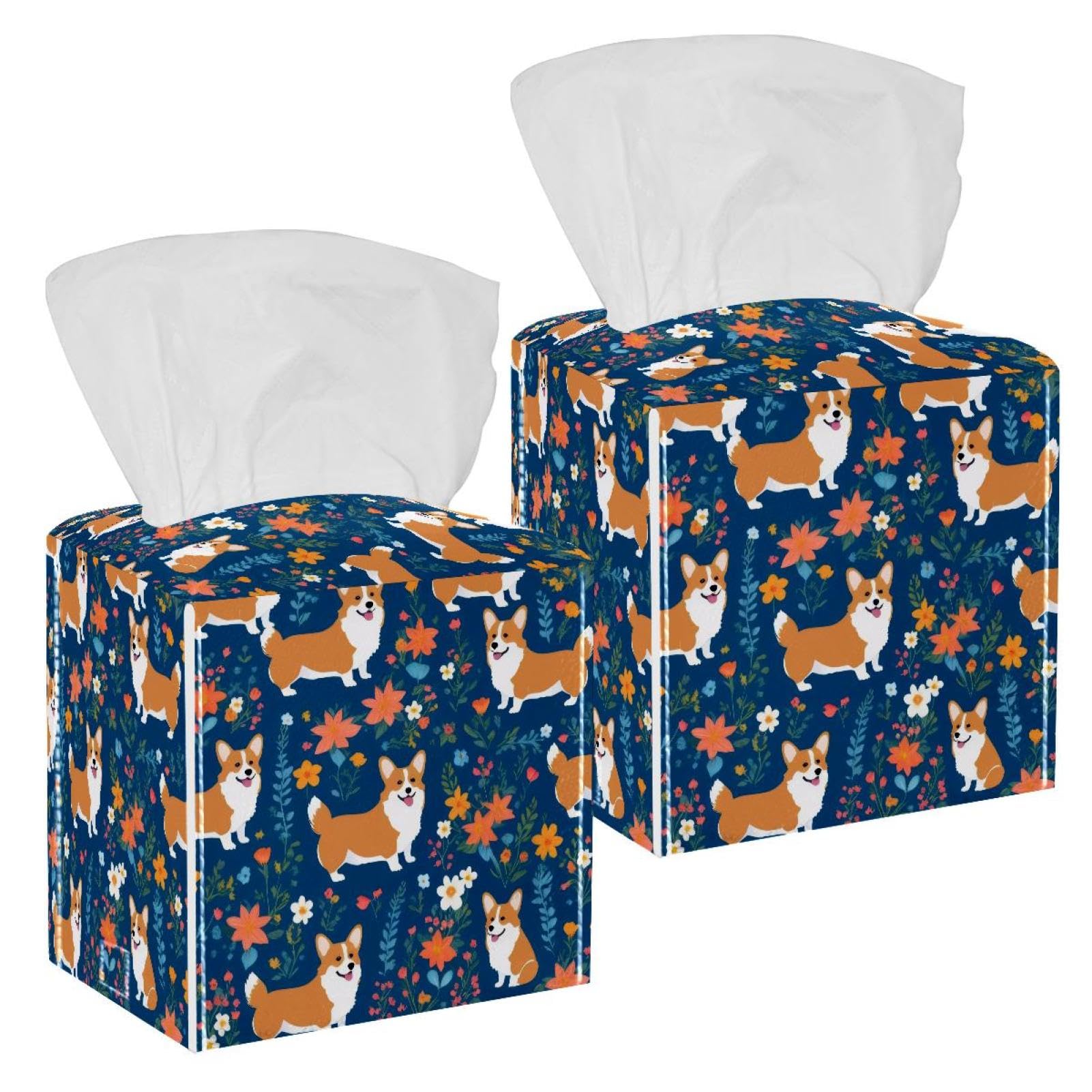 Corgi Dog Floral Tissue Box Cover, 2 Pack PU Leather Square Facial Tissue Dispenser Box holder for Home Office Car