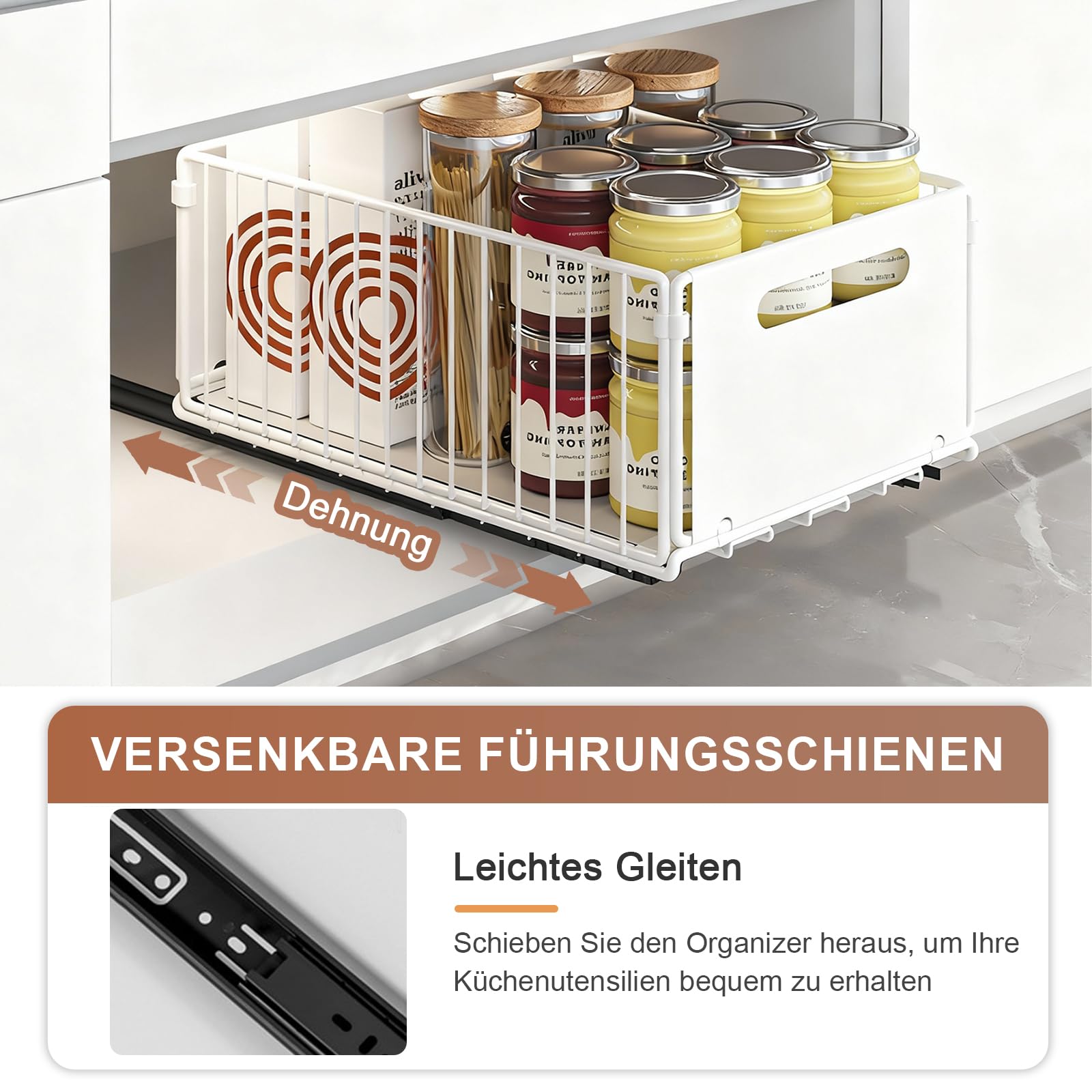 faltbarer ausziehbarer Schrank-Organizer, ausziehbarer Schrank-Organizer, ausziehbare Schubladen-Regalaufbewahrung für die Organisation von Küchenschränken (White, 2 Large + 2 Small)