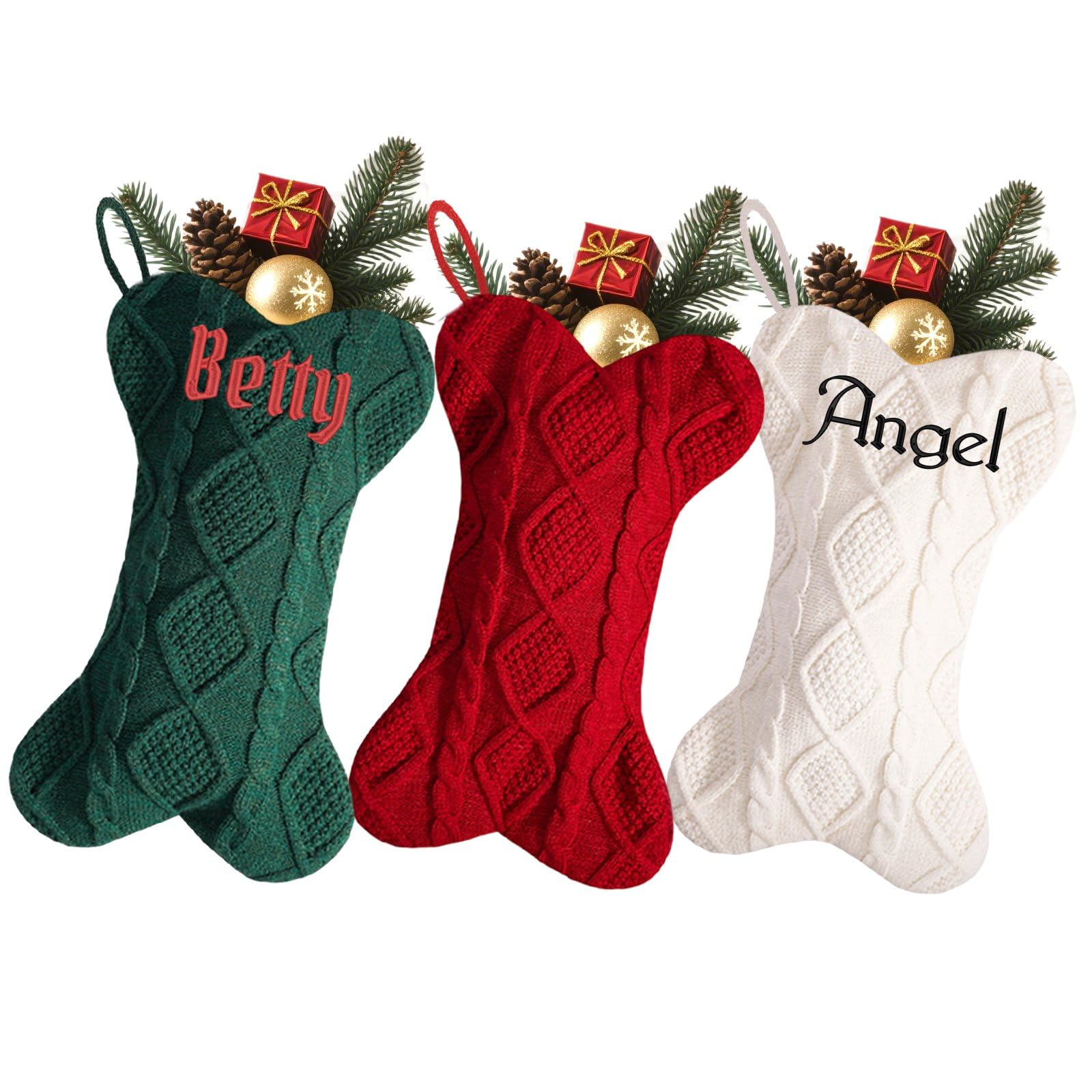 Lot de 8 grandes chaussettes de Noël tricotées en forme d'os avec nom amusant à faire soi-même - 41,9 cm - Pour cheminée, escaliers, maison, sapin de Noël