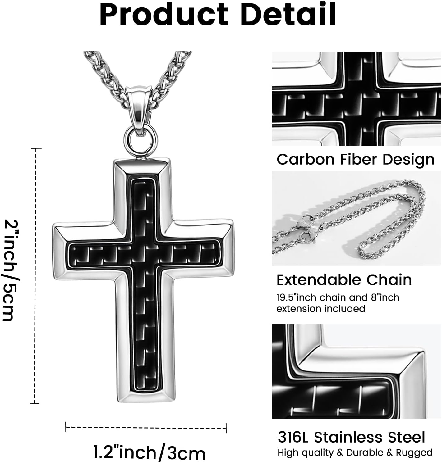 Dog Tag Pendant Necklace for Men in Carbon Fiber 316L Stainless Steel with Steel Box Chain 20+8" Jewelry Gift for Men - Image 3
