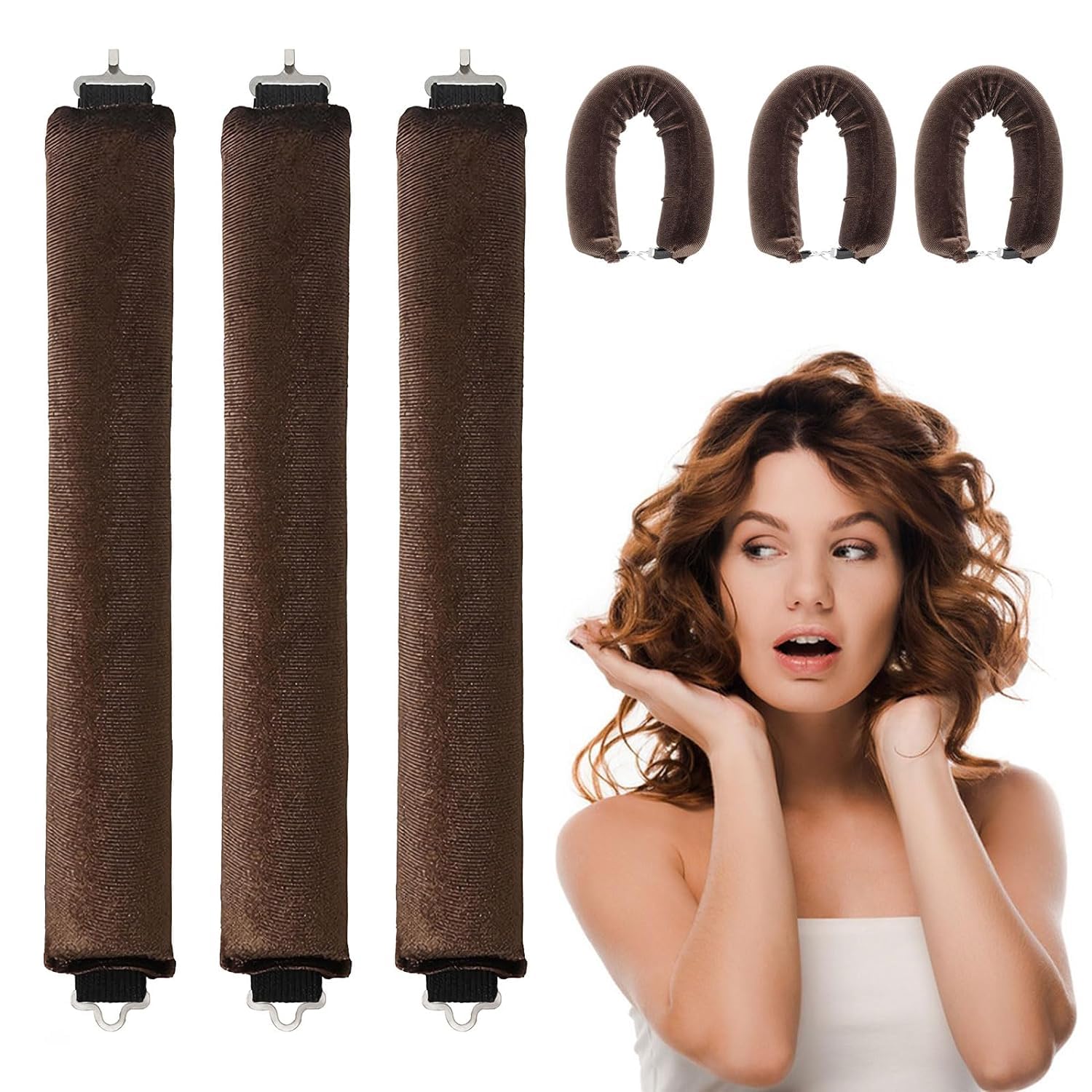 BBAUER 3Pcs No Heat Hair Curlers,Overnight Hair Rollers,Hair tools for Wavy Hair Curler Styling,No Heat Hair Curlers to Sleep in,DIY Hair Rollers Styling Tool (Brown)