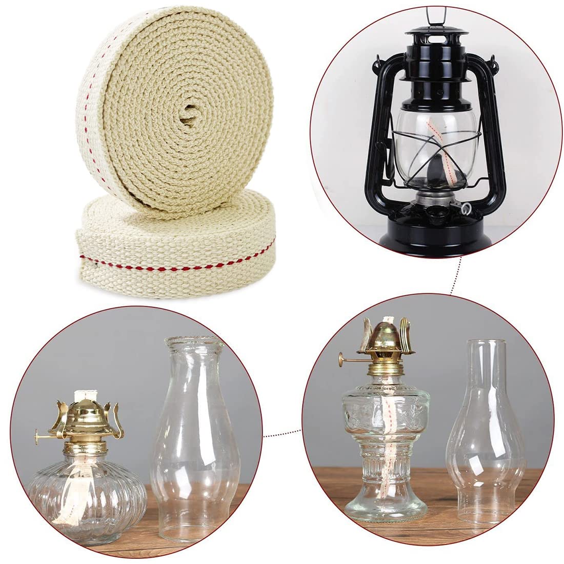 Stoppini Piatti In Cotone Per Lanterne E Lampade A Olio: 2 Rotoli Di Ricambio Da 3 Metri Ciascuno (Larghezze 1,2 Cm E 2 Cm, Con Cucitura Rossa)