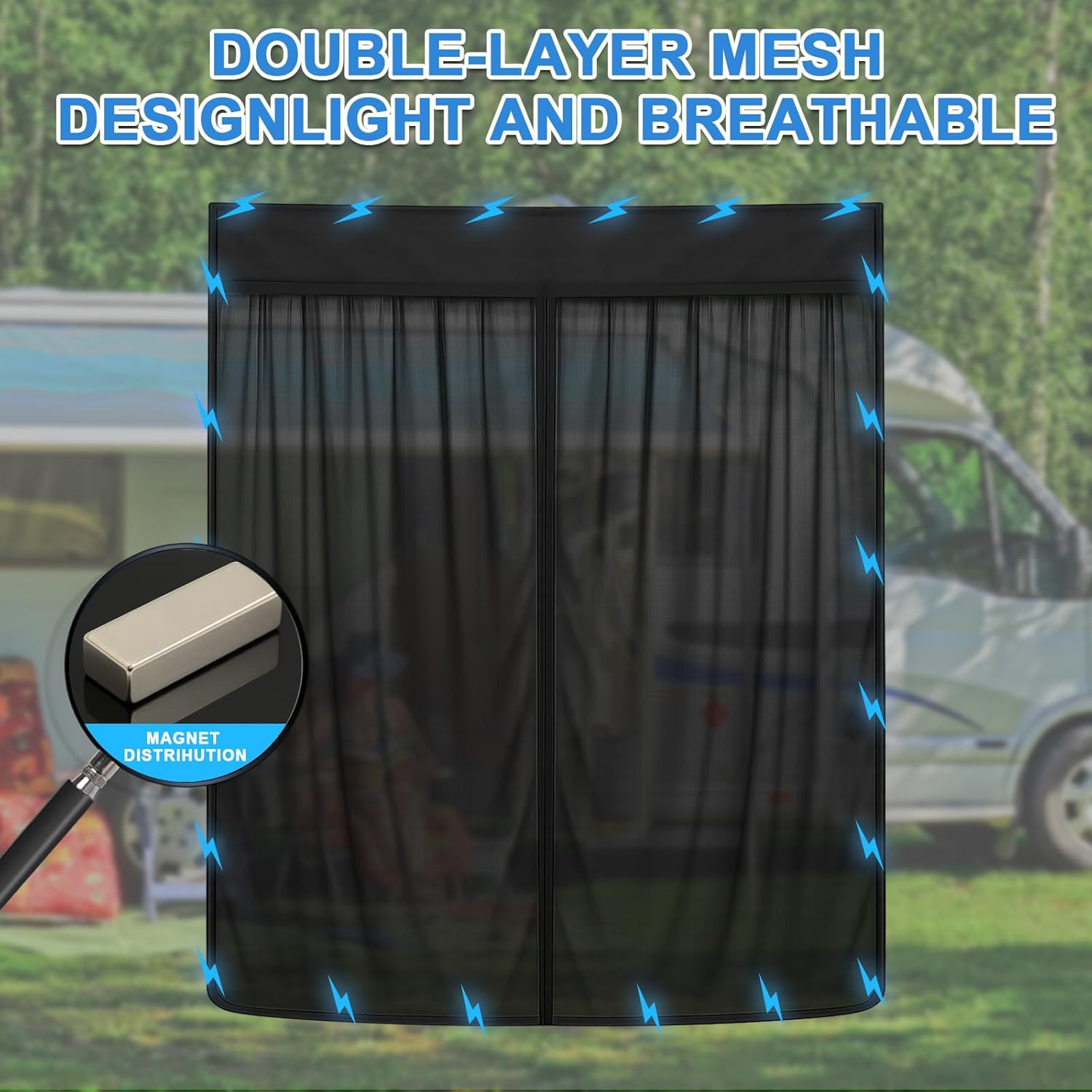 Magnetic Van Screen for Ford Econoline/Ford E-Series E-150 E-250 E-350 E450 1992-2005 - Mosquito Net with Zipper for Sliding Door - 60" H x 57" W