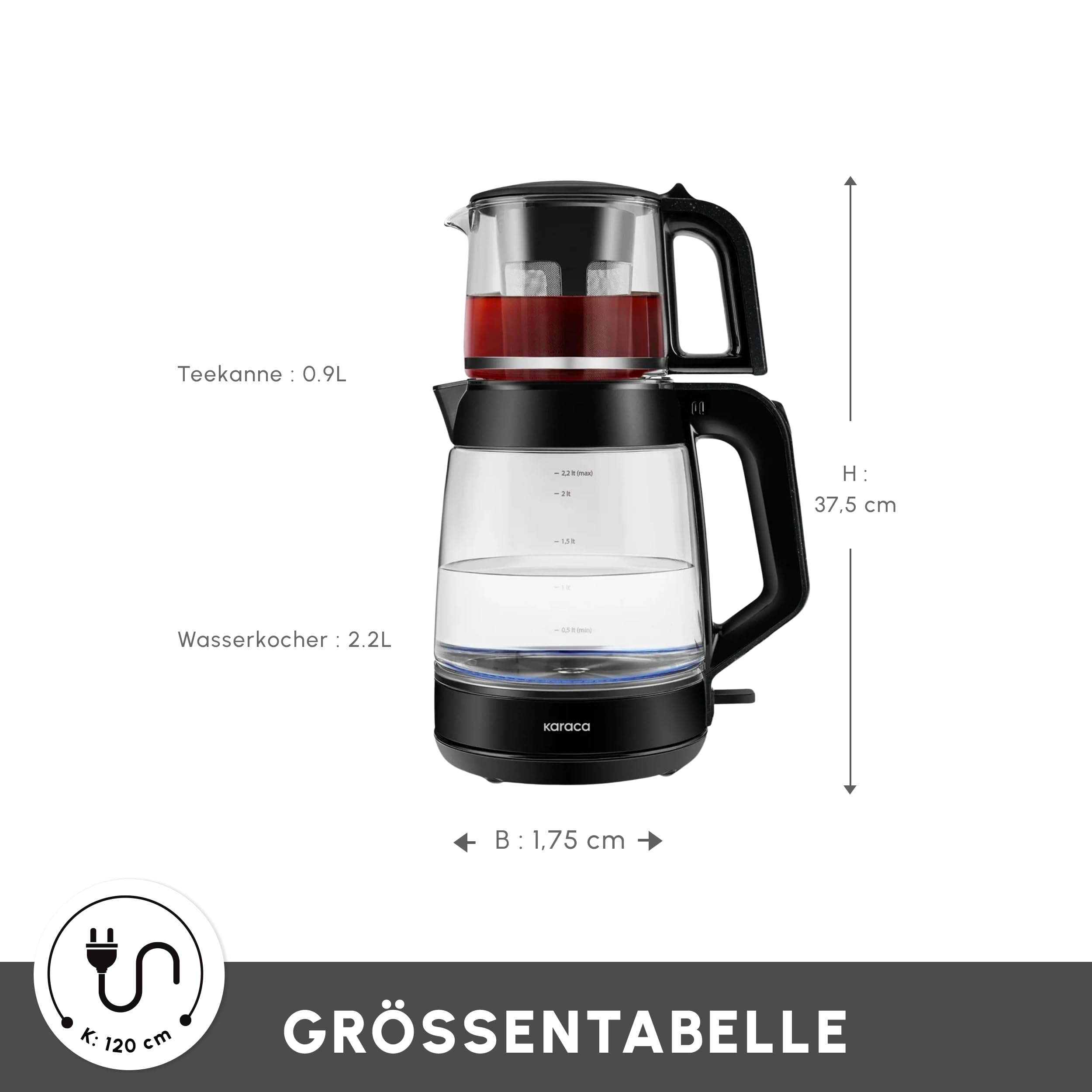 Karaca Glass Tea XL 2 in 1 Glas-Teemaschine & Wasserkocher Shiny Black, 0,9L Teekapazität & 2,2L Wasserkapazität, energieeffizient, automatische Warmhaltefunktion, 360° drehbare Basis, LED-Anzeige