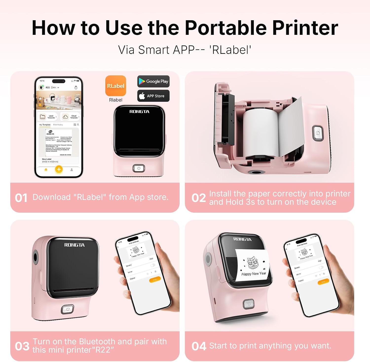 Rongta Mini Sticker Printer, Bluetooth Thermal Label Printer, Portable Inkless Label Maker Suitable for Creative Kids DIY, Diaries, Study Notes, Pink