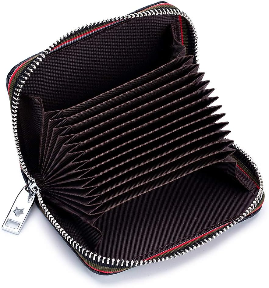 RFID Blocking Genuine Leather Credit Card Holder Wallet for Men & Women Small Zipper Card Case with 12 Card Slots Compact Travel Card Organizer (Rose Red)