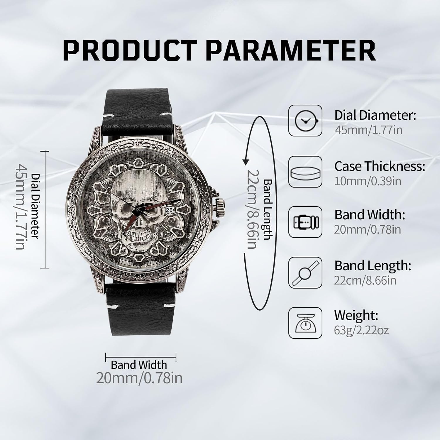 Reloj de pulsera casual de Halloween con diseño de calavera para hombre, correa de piel auténtica, caja de regalo