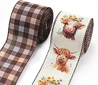 Vista 1 de 2 rollos de cintas de ganado alpino para manualidades, cinta de otoño con borde con alambre, cinta natural a cuadros de búfalo para otoño, cinta