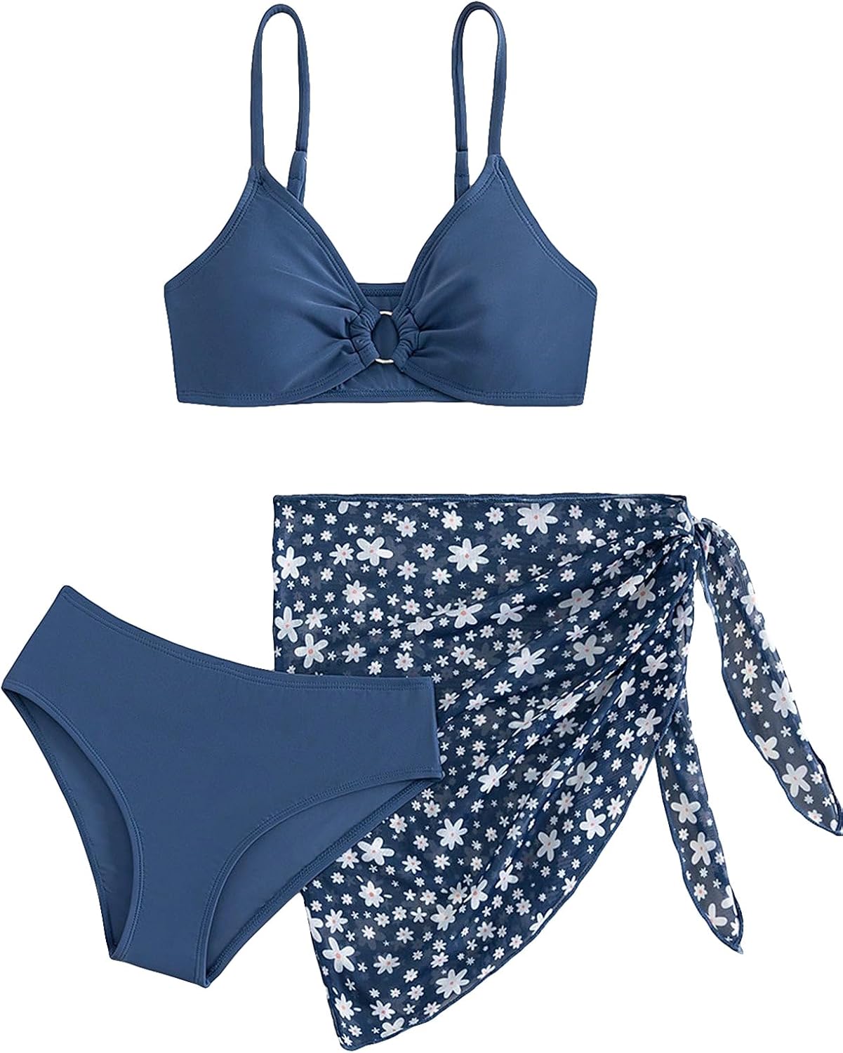 COZYEASE Girls' 3 Piece Bikini Set Ditsy Floral Print Wireless Swimsuit with Beach Skirt