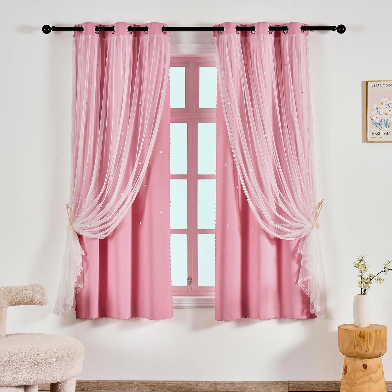 Anytime Dreamy Star Cutout Sheer Layered Blackout Curtains for Kids Bedroom
