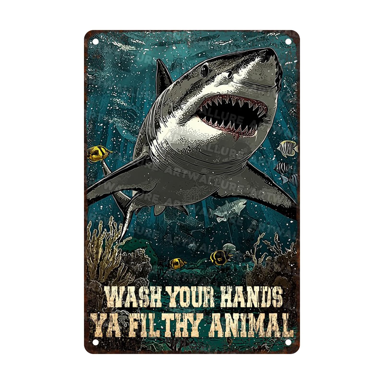 Shark Ocean Nautical Bathroom Decor Tin Sign Wash Your Hands Ya Filthy Animal Vintage Metal Wall Art Rustic Retro Plaque for Coastal Toilet Beach House Restroom Powder Room 8x12inch