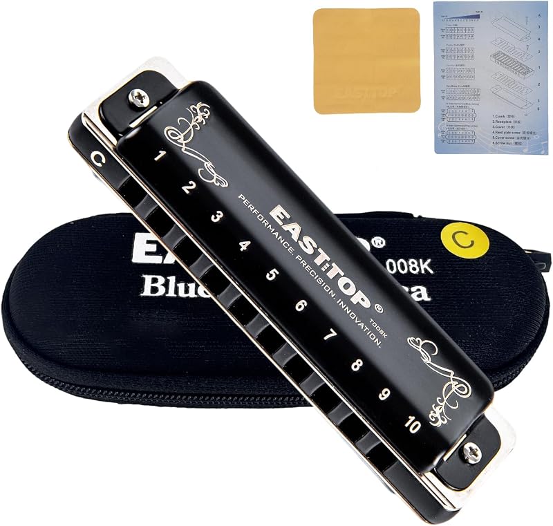 EAST TOP T008K 2.0 Update Harmonica Key of C, 10 Holes Diatonic Mouth Organ with Zipper Case, Standard Deluxe Harmonica For All Levels, Professionals, Beginners and Students, as a Gift