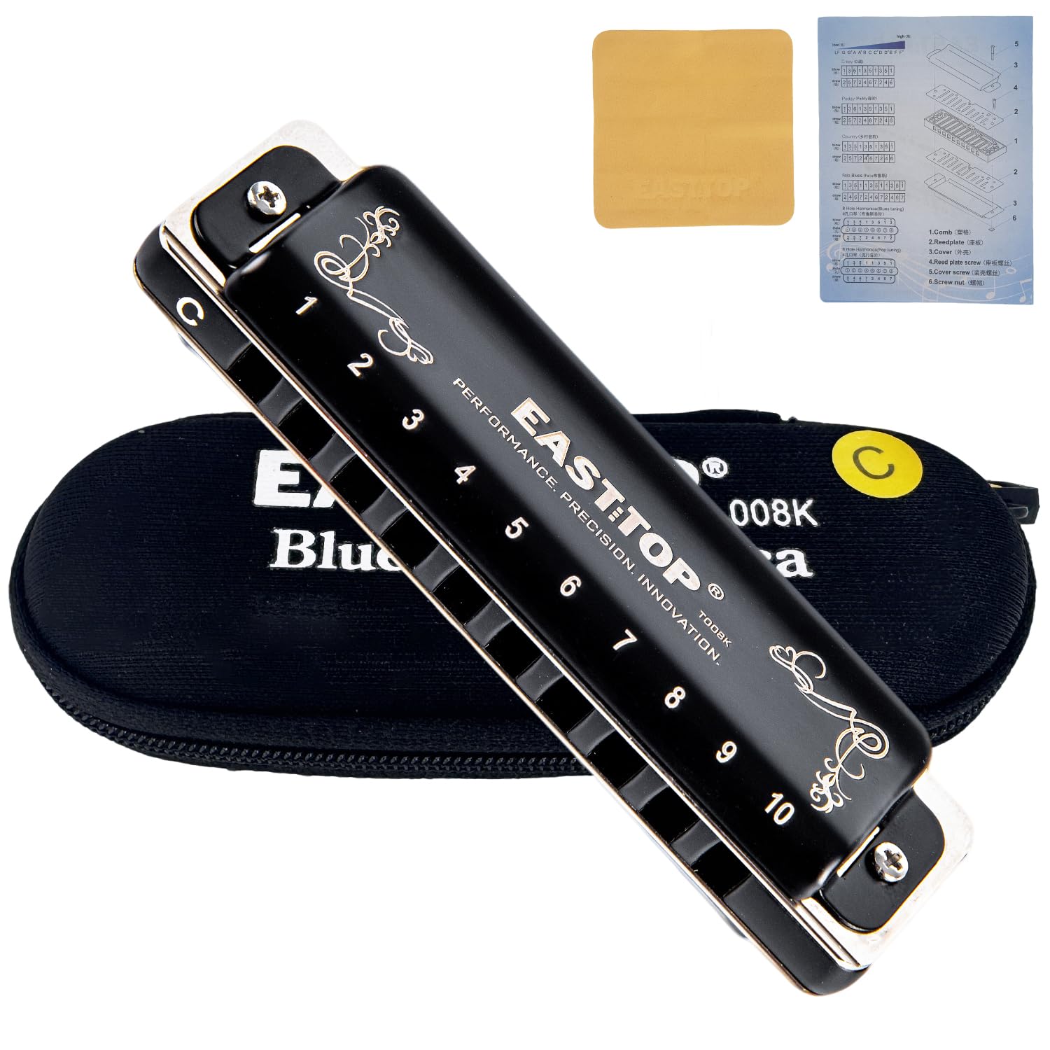 EAST TOP T008K 2.0 Update Harmonica Key of C, 10 Holes Diatonic Mouth Organ with Zipper C…