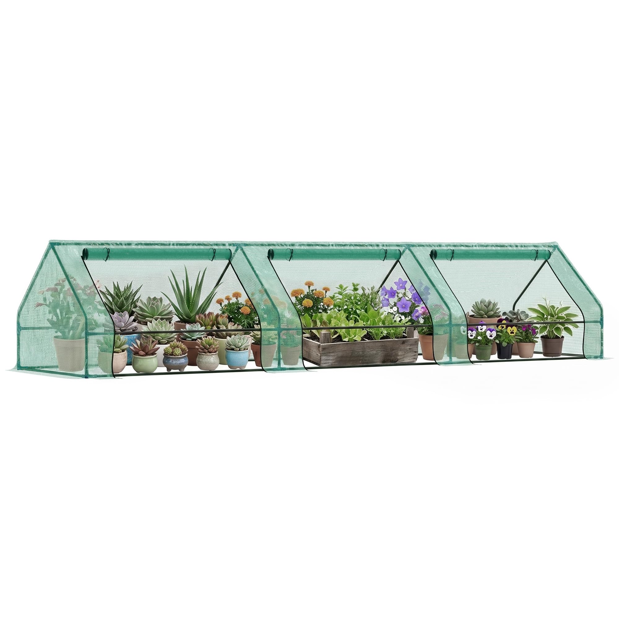 Outsunny Serra per Orto Impermeabile e Anti UV con 3 Finestre Avvolgibili, Mini Serra per Piante in Acciaio e Polietilene, 400x100x80 cm, Verde