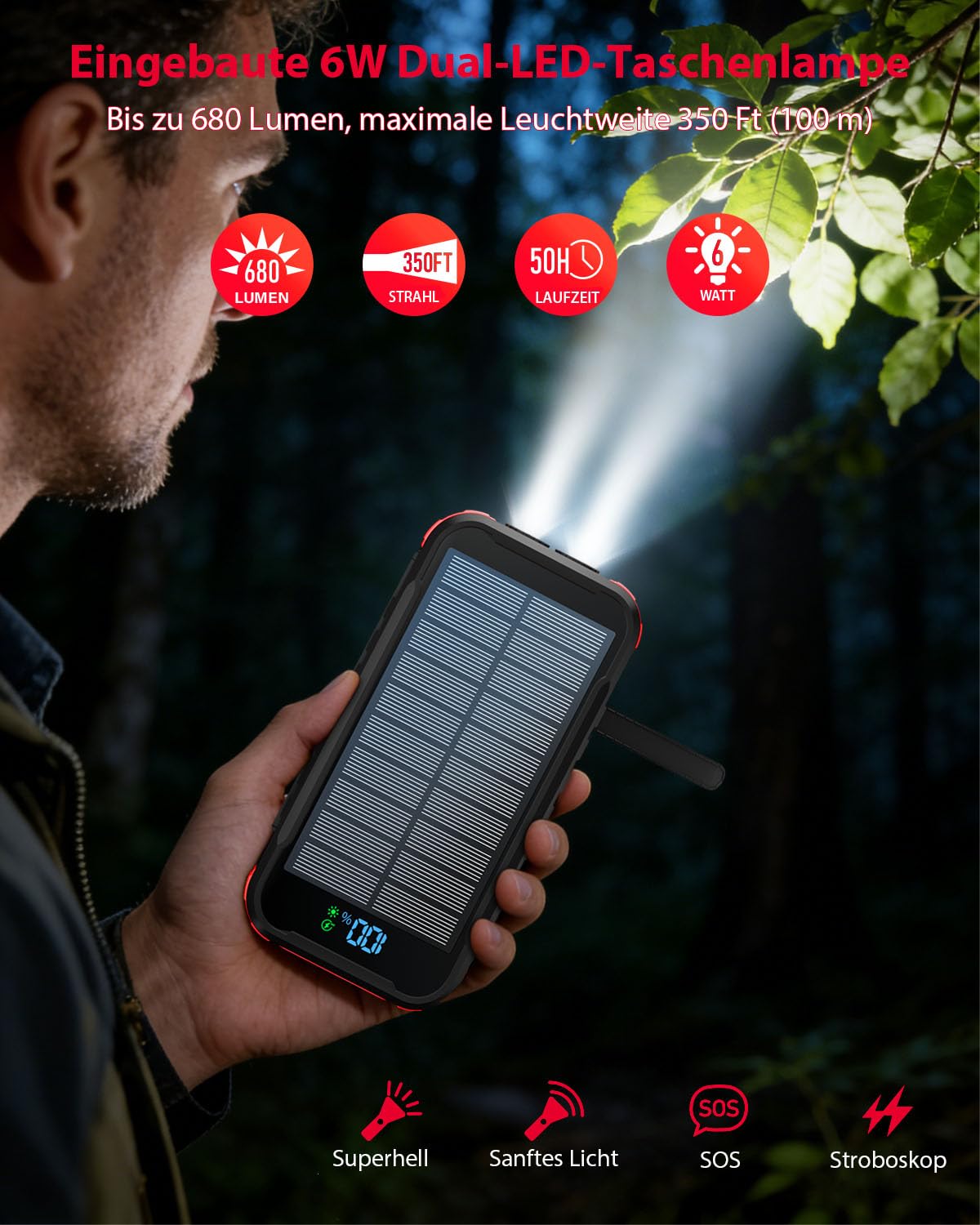 Batterie Externe Solaire 27000mAh 22,5W Chargeur Solaire | USB C 20W Fonction de Charge Rapide 2 Panneaux Solaires et 2 Lampes de Poche LED pour Téléphone Tablette Camping
