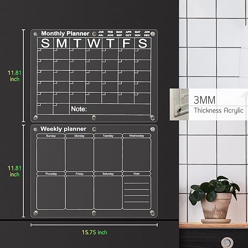 Miniatura 5 de Masshomi Paquete de 2 calendarios magnéticos de pizarra blanca acrílica para nevera, gran espacio, mensual y semanal, 8 rotuladores de color,