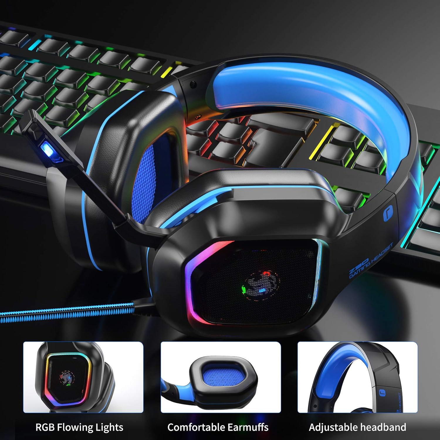 ZIUMIER Z30 Gaming Headset for PS4, PS5, Xbox One, PC, Wired Over-Ear Headphone with Noise Isolation Microphone, RGB Flowing LED Light, 7.1 Surround Sound, Blue