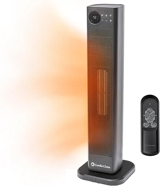 Comfort Zone Oscillating Tower Space Heater with Remote Control for Indoor Use, 30 inch, Digital Adjustable Thermostat, Timer, LCD Display, Safety Tip Over Switch, Overheat Protection, 1500w, MT1030