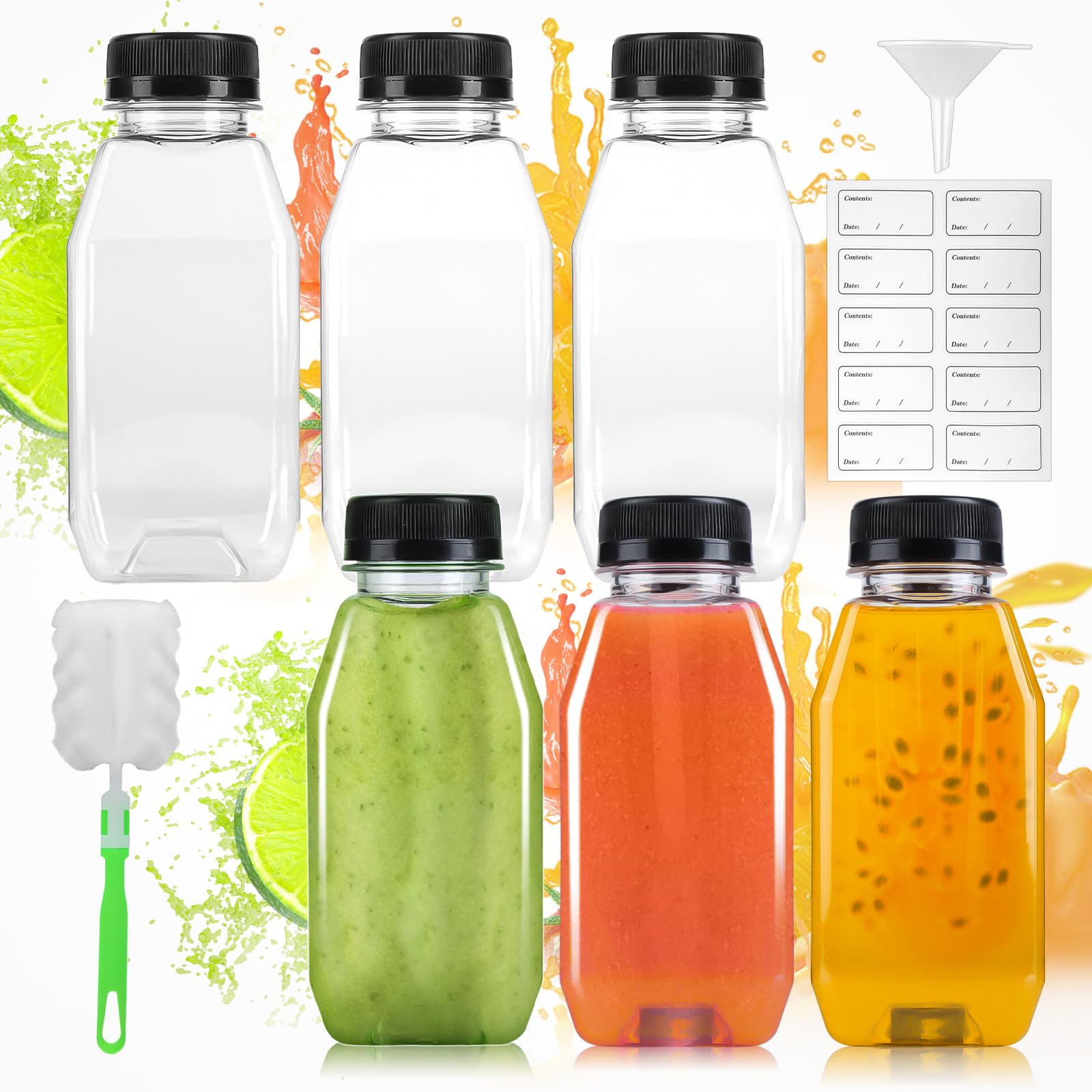 Hocucheland 350Ml 6 Pack 11.84Oz/ Plastic Juice Bottles, Shot Bottles With Lids Funnel Brush Stickers, Leak-Proof And Reusable, Small Shot Bottle For Various Homemade Fruit Drinks Milk Water Beverages