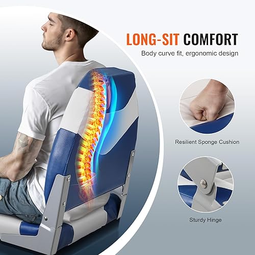 Miniatura 3 de VEVOR Asientos de barco, asiento de barco con respaldo alto de 21.85 pulgadas, silla de barco plegable con acolchado de esponja gruesa y bisagra,