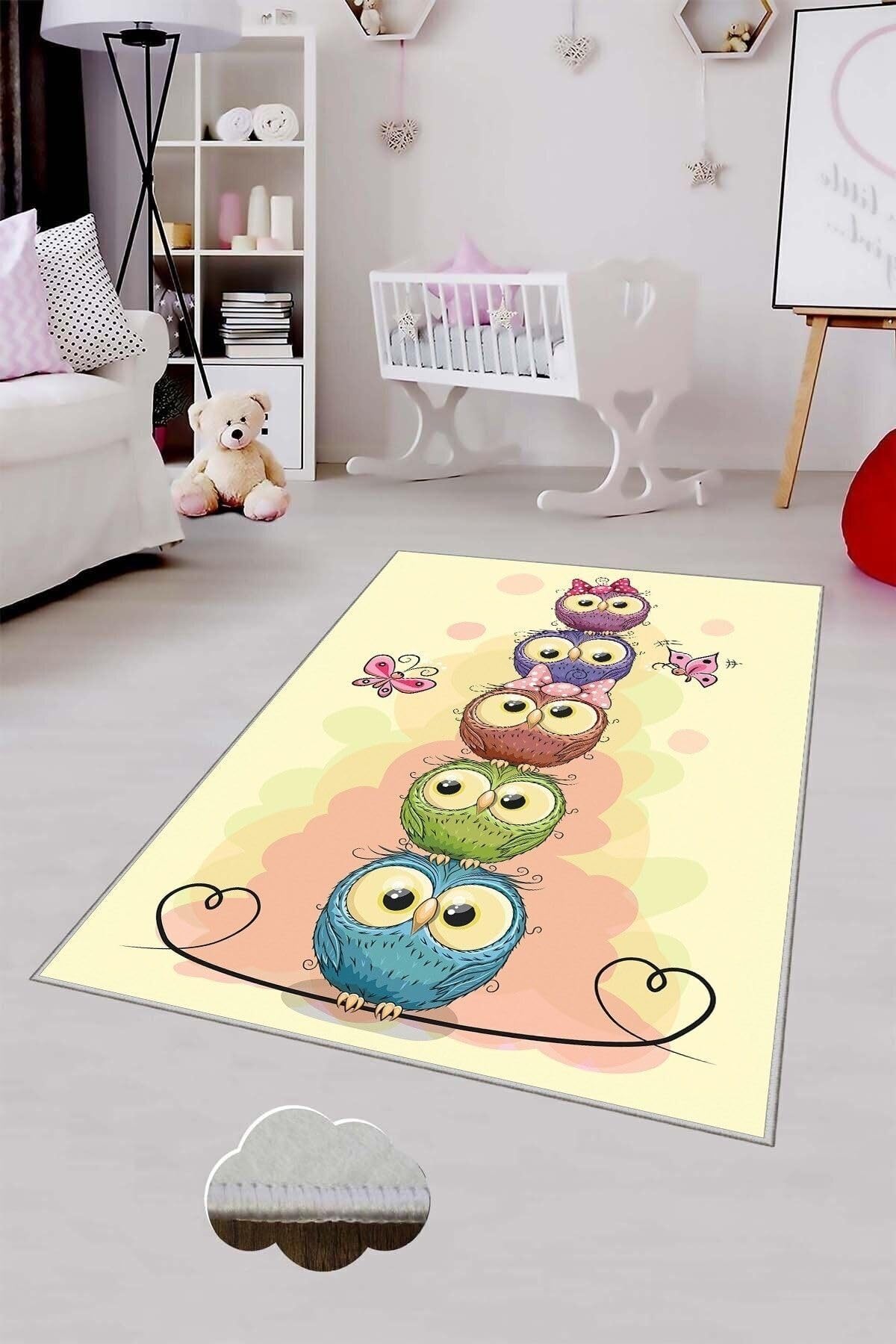 Pelangi Sarı Kuş Desenli Çocuk Yıkanabilir Kaymaz Taban Leke Tutmazbebek Ve Çocuk Odası Halısı, Sarı 120 x 180, 901357066120180