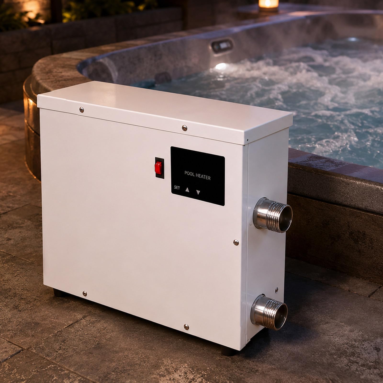 Riscaldatore Elettrico per Piscina 220V per Piccole Piscine, Spa E Vasche Idromassaggio, Riscaldatore Piscine Fuori Terra Con Termostato Automatico, In Acciaio Inox a Riscaldamento Rapido 9KW