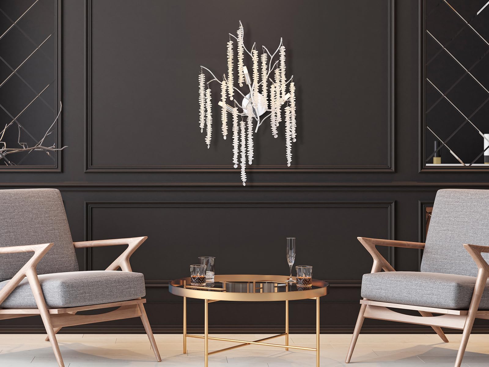 Ausgefallene große Wandleuchte mit Kristall Behang, Höhe 60cm