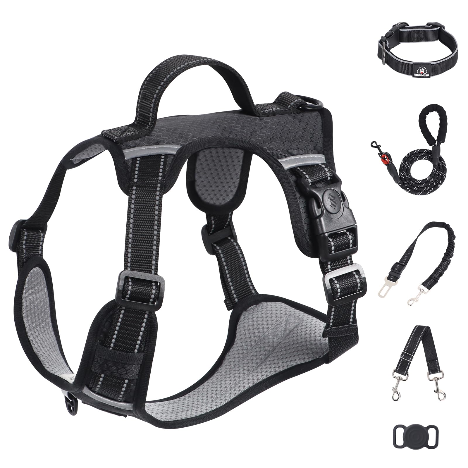 IEUUMLER No Pull Dog Harness, Reflective Front Clip Vest with Leash,Safety Belt and Backup Safety Strap, Adjustable Easy Control Handle,Air Tag Dog Collar for Small Medium Large Dogs EU021 (Black, L)
