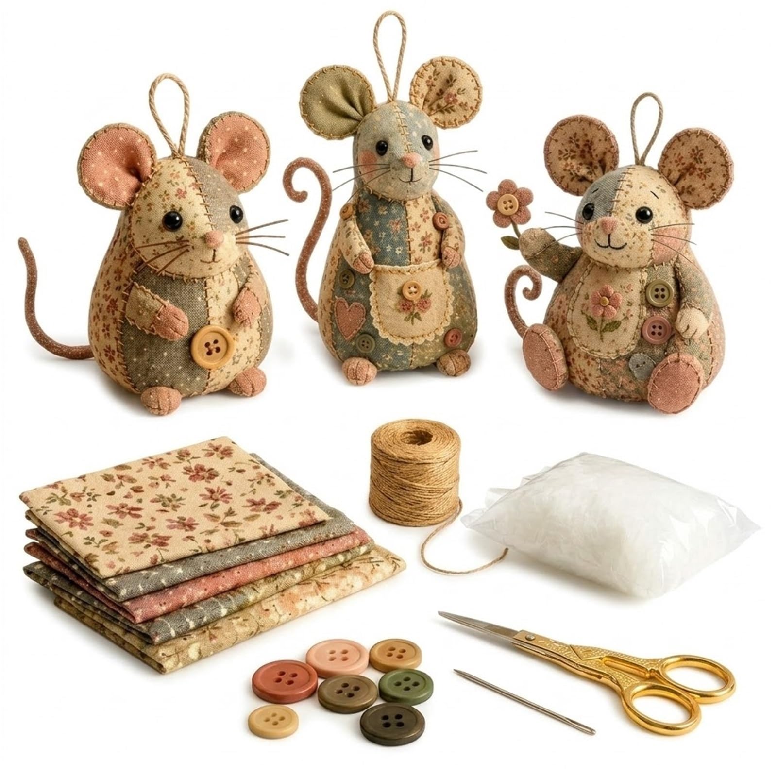 Patchwork-Maus-DIY-Set, Handgefertigtes Näh-Bastelset Mit Floraler Stofffüllung Und Knöpfen, Niedliches Stoffmaus-Ornament for Anfänger(3SET)