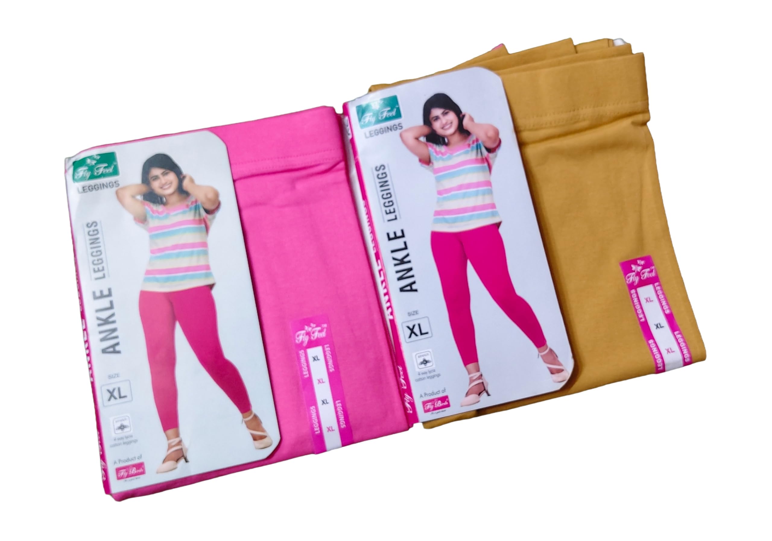 Flyfeel Women's Ankle Leggings Combo, Pink and Sandal Cotton, XL, Pack of 2-image-48