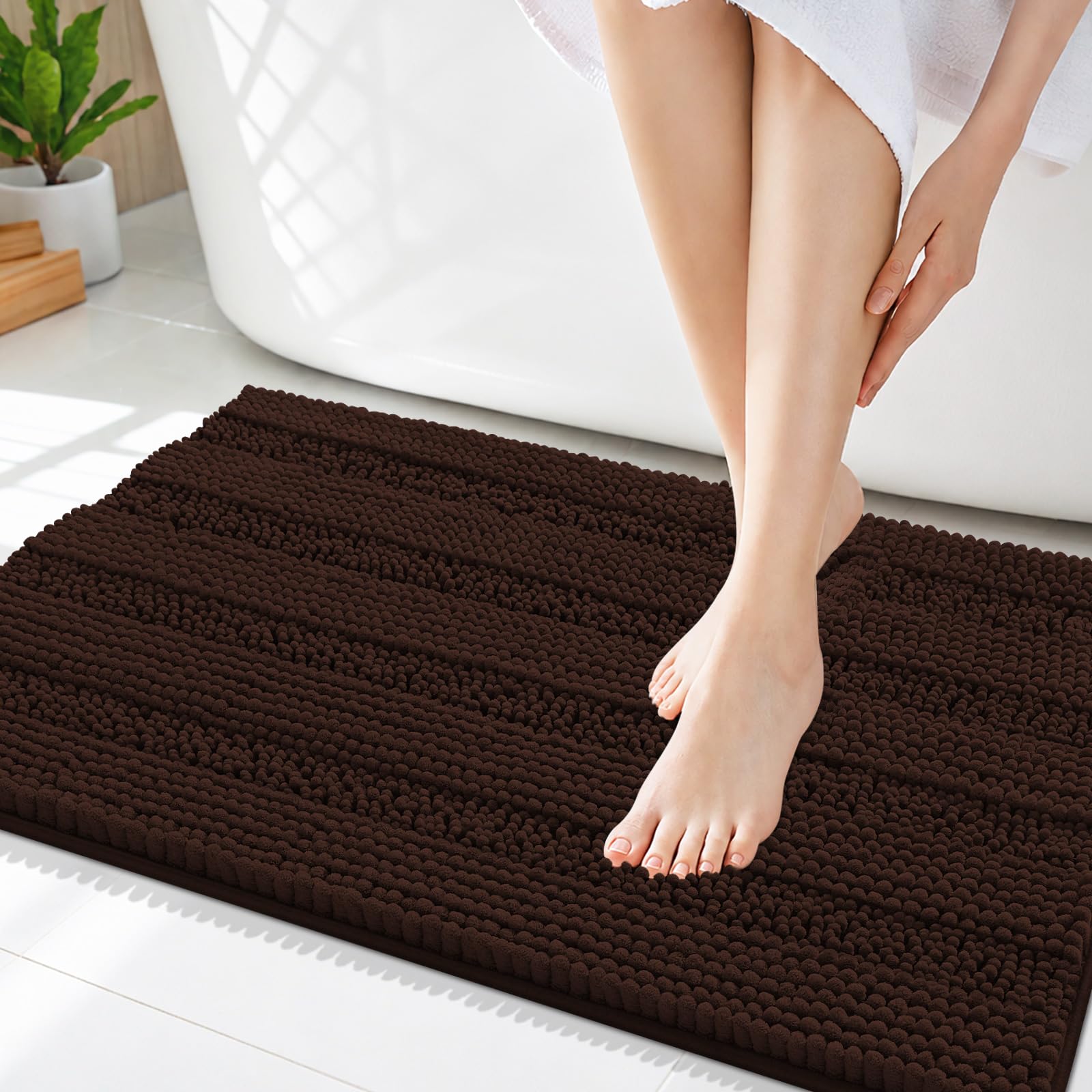 Smiry Thick Chenille Bathroom Rugs 36x24, Soft Absorbent Bath Mat, Brown