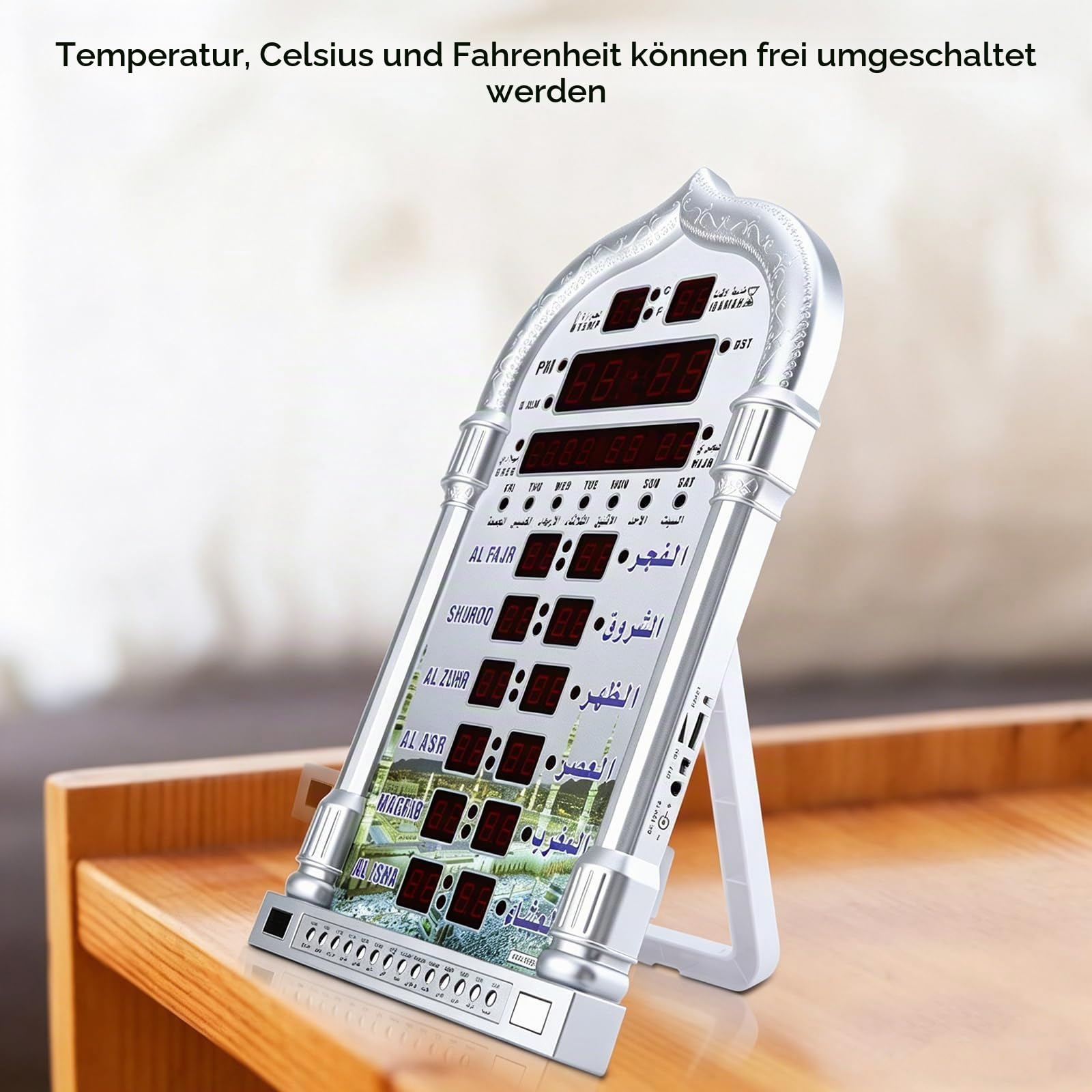 Fyearfly Muslim Azan Gebetsuhr – LCD Automatische Islamische Gebetsuhr, Zuhause/Büro/Moschee, Digitale Dekorative Wanduhr/Desktop (Fernbedienung + EU-Stecker)