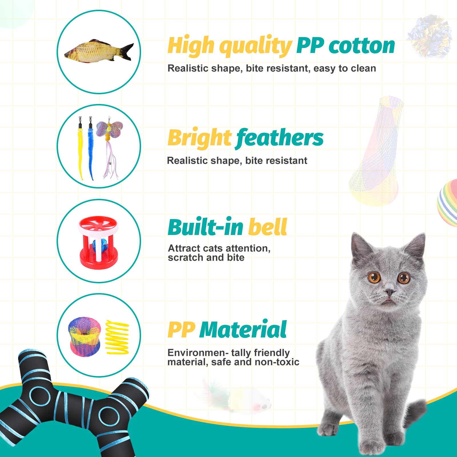 Set de 33 Piezas de Juguetes para Gatos - Túnel, Ratones, Varita de Plumas, Peces - Paquete de Variedad para Gatitos