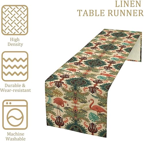 Miniatura 6 de Camino de mesa bohemio de flamenco, bohemio, vintage, étnico, tropical, diseño de pájaros tropicales, para comedor, cocina, camino rectangular,
