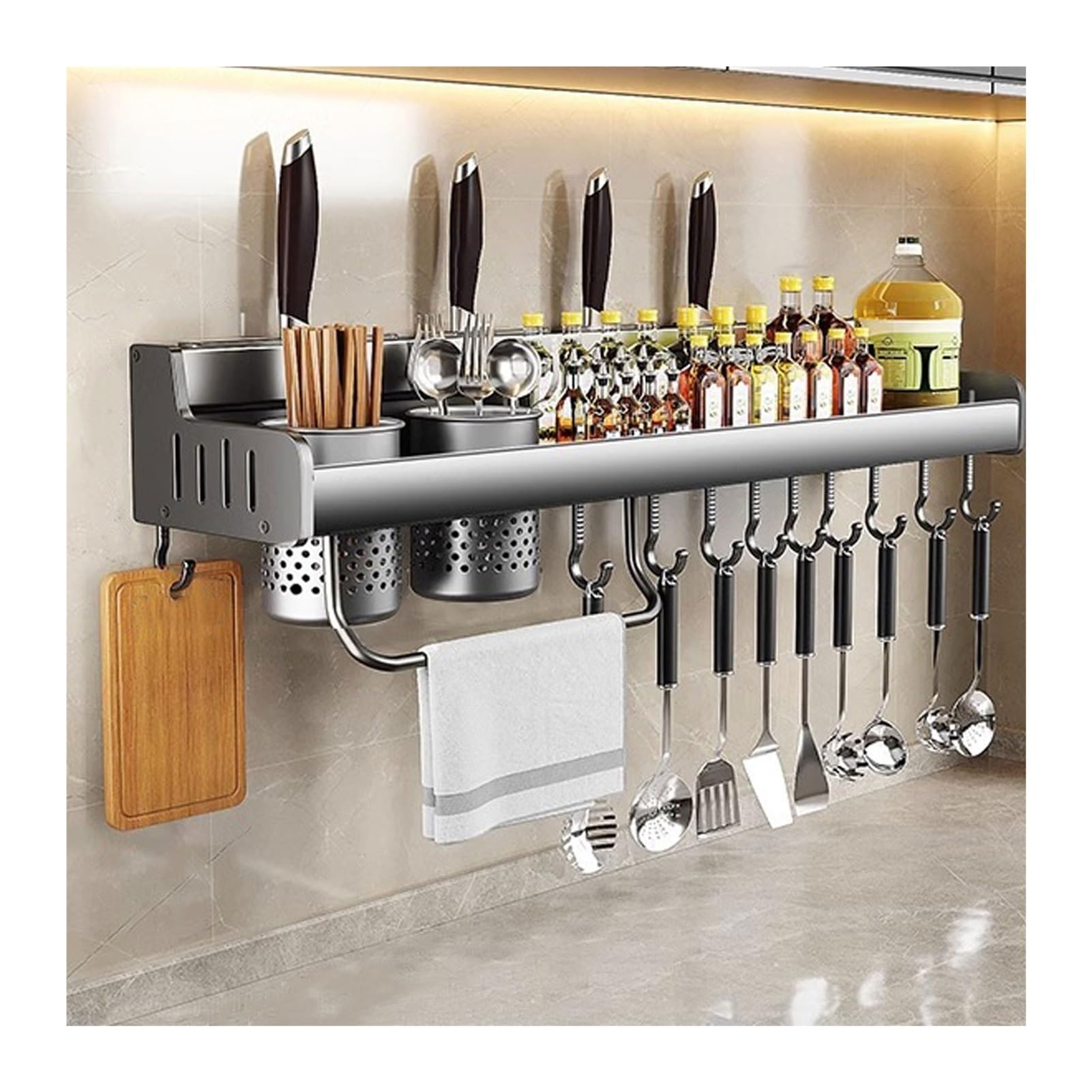 GLJTUO Wall-Mounted Spice Rack with Hooks - No Holes Required, Kitchen Utensil & Towel Holder, Knife, Space-Saving Storage Solution for Cooking Essentials (50cm),50cm-2 cups-8 hooks