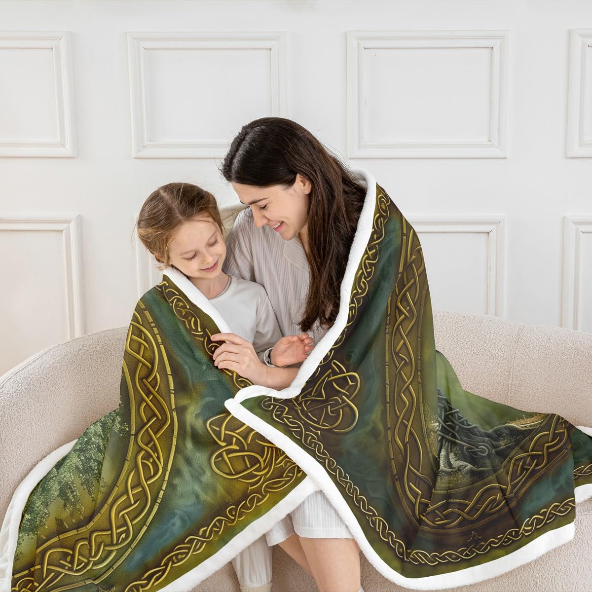 Manfei Tree of Life Flannel Blanket,Mystic Tree Boho Exotic Style Green Fleece Blanket for Room Decor,Tribal Golden Branches Geometric Circle Grid Throw Blanket for Sofa Couch,Throw 50"x60" - Image 4