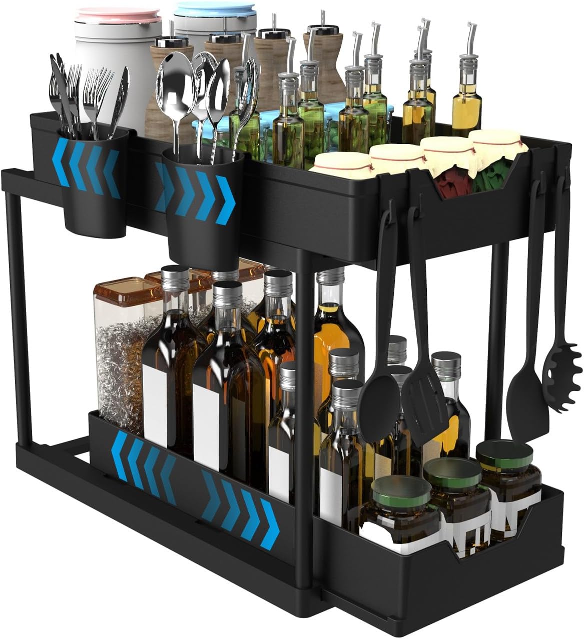 Under Sink Storage 2 Tiers, Victse Under Sink Organizer with Sliding Storage Drawer with 4 Hooks and 2 Hanging Basket for Home Bathroom