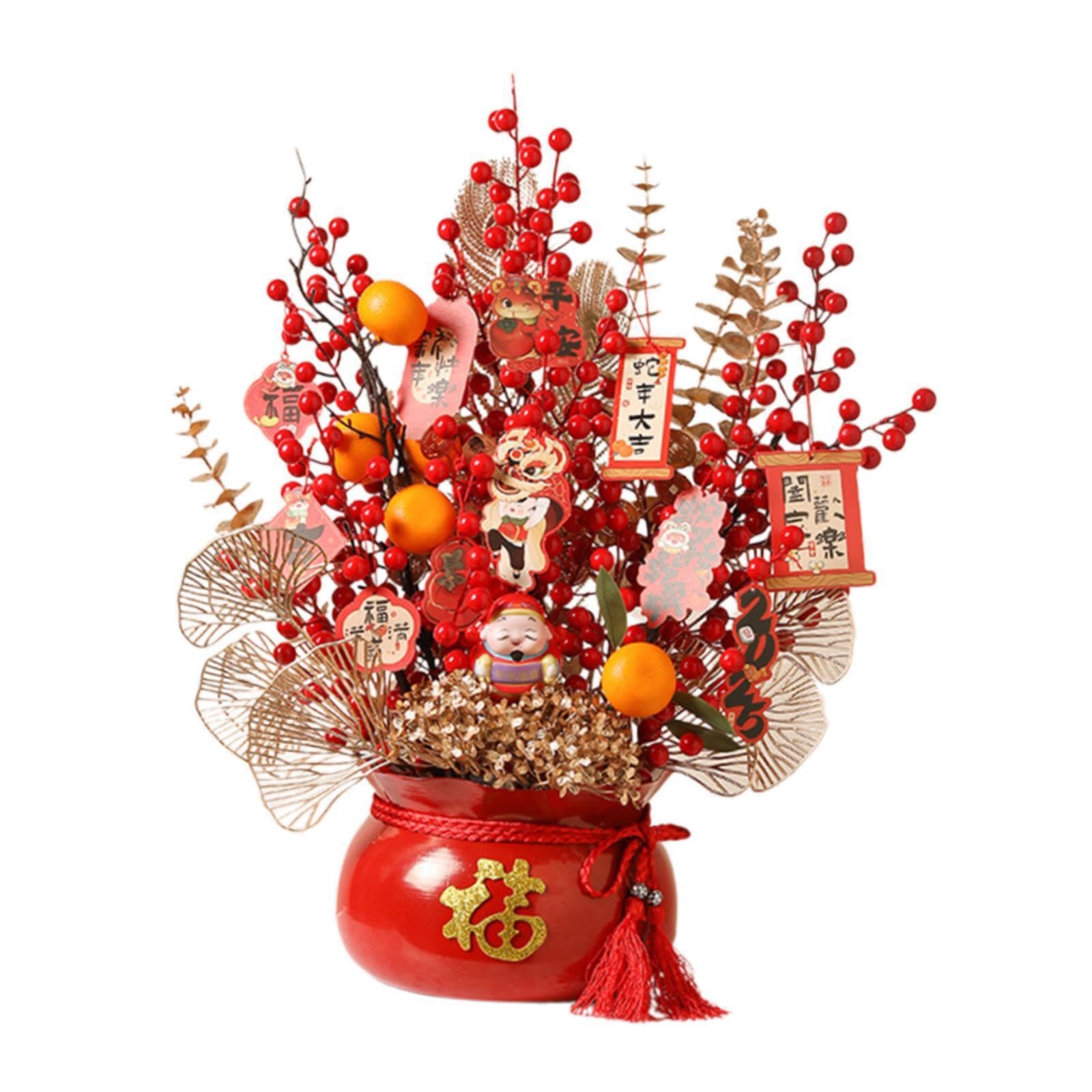 Zambuph 2025 Spring Festival Artificial Potted Plant Serving As Beautiful Gift Featuring Unique Bonsai Any Occasion Feng Shui Ornament Bonsai Artificial Red, Red Pot, 50x60cm