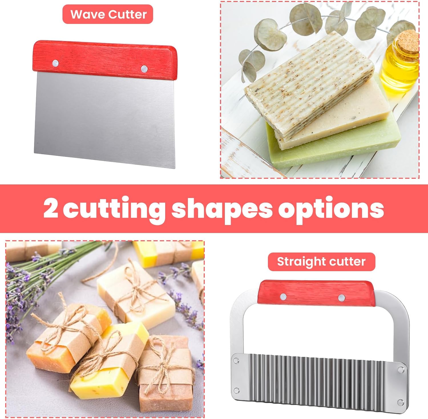 42oz Loaf Soap Making Supplies Kit, Included Adjustable Wooden Cutting Box + Rectangular Loaf with Wooden Box， Stainless Steel Wavy+Straight Cutter ， Silicone for DIY Soap Making