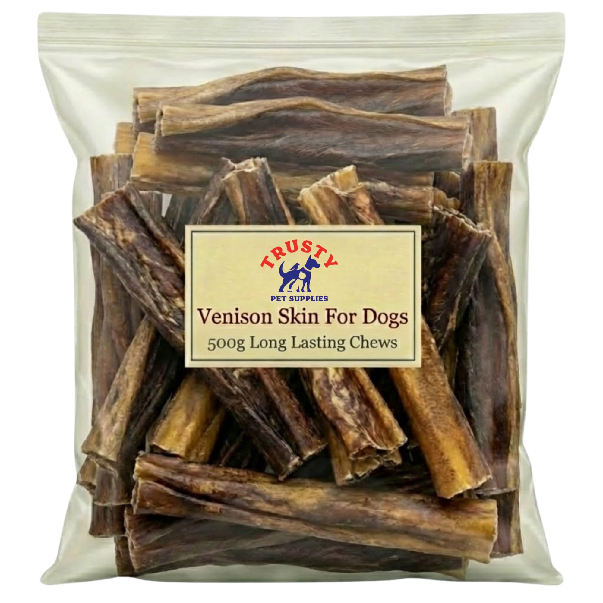 Venison Skin Natural Chews - 500g | Venison Chews for Dogs | 100% Natural Dog Treat | Long Lasting Dog Chew, Grain Free Dog Treats | Training Treats for Dogs | Trusty Pet Supplies
