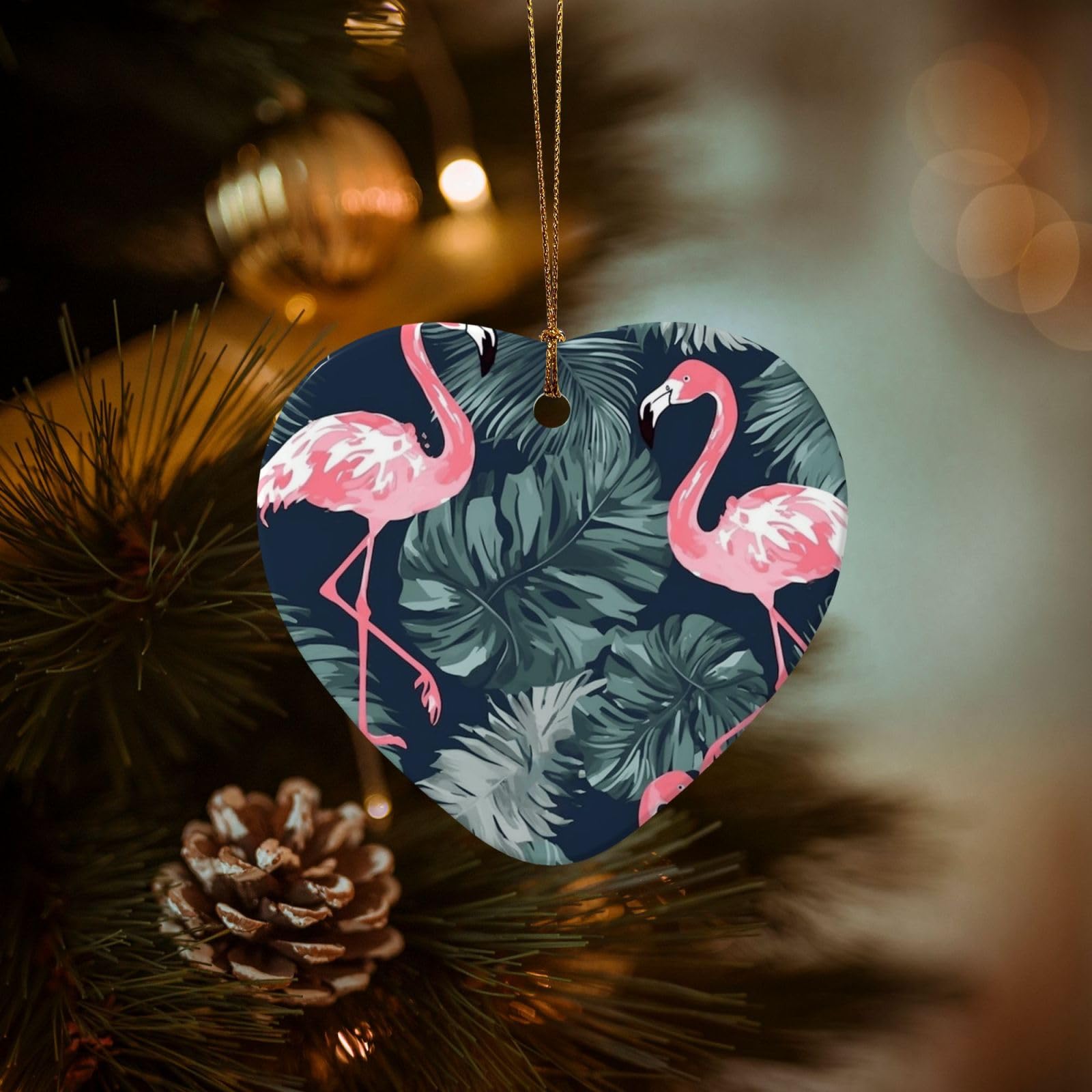 Christmas Tree Ornaments Ceramics Christmas Decorations Flamingo and Leaves Ornaments with Gold Ribbon Porcelain Xmas Tree Crafts Heart Shape Hanging Pendant for Christmas Tree Party Decor