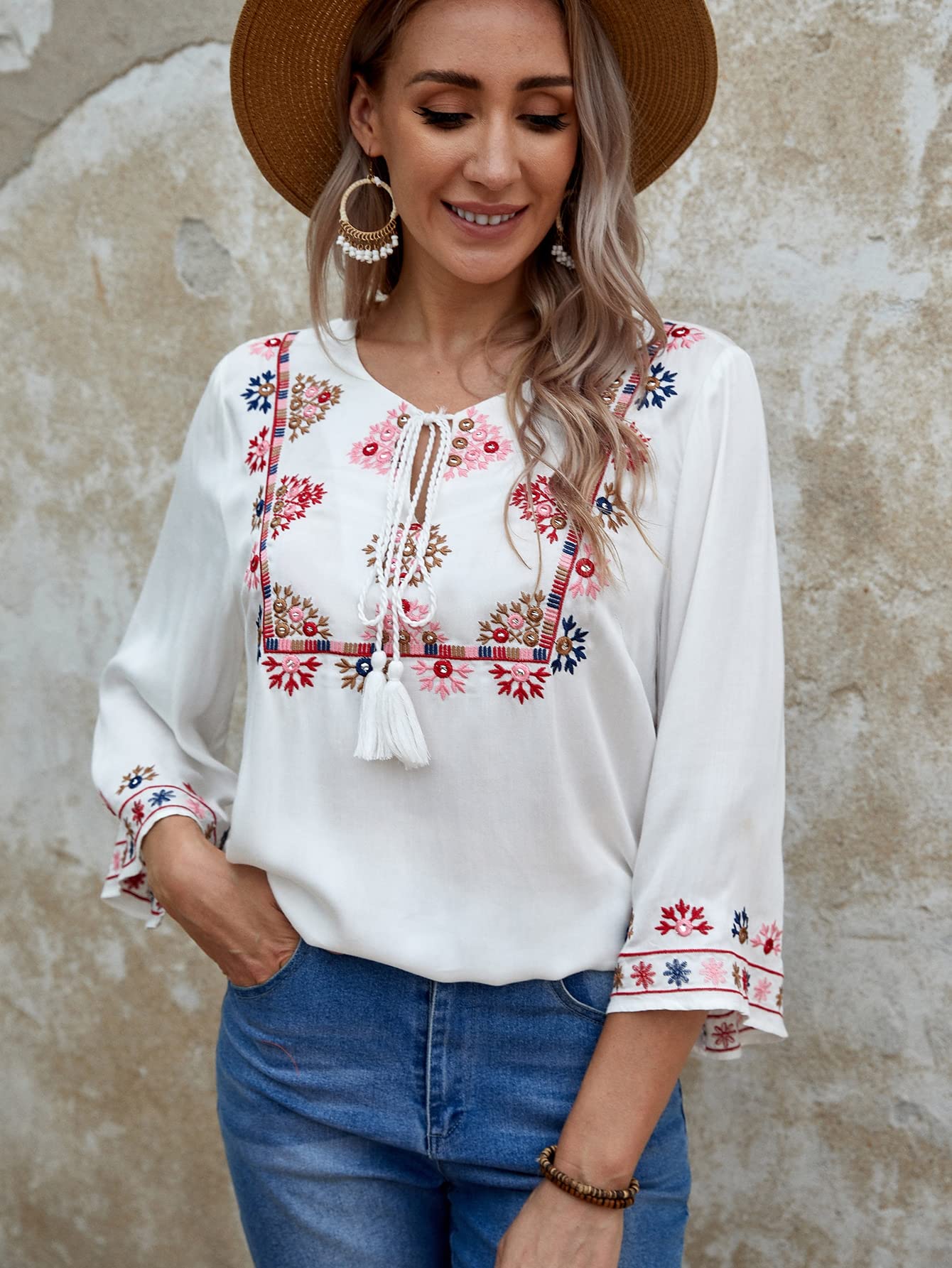 Amazon.com: Womens Tops Tie Neck Floral Embroidery Top (Color 