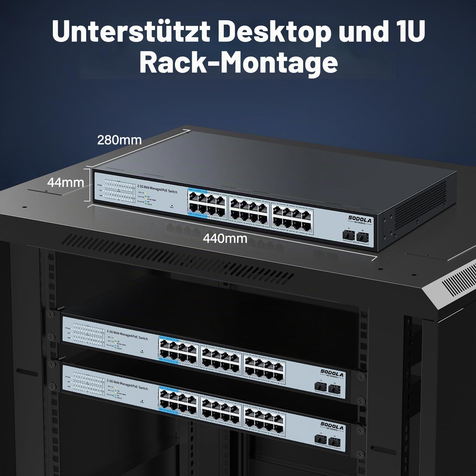 SODOLA 24-Port 2,5Gbit PoE+ Switch, Smart Managed mit 2x10G SFP+, 500W | 1U-Rackmontage,IEEE 802.3af/at/bt 90W Supported,LACP/QoS/VLAN/IGMP2.5Gb Easy Web Managed PoE Netzwerk Switch