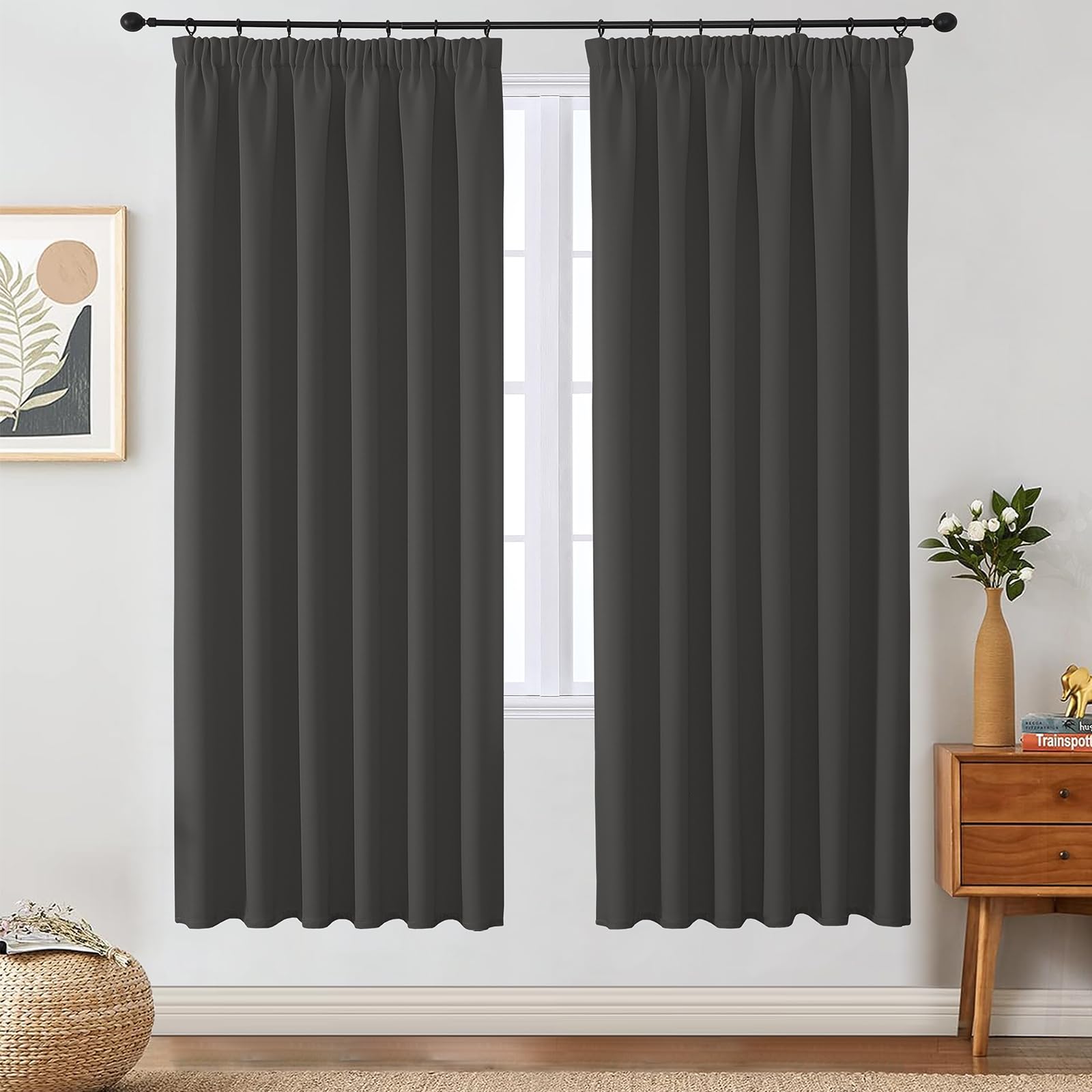 VEHEDE Wide Blackout Curtains for Bedroom – Pencil Pleat Thermal Drapes, Dark Grey, W55 x L69 Inch, 2 Panels